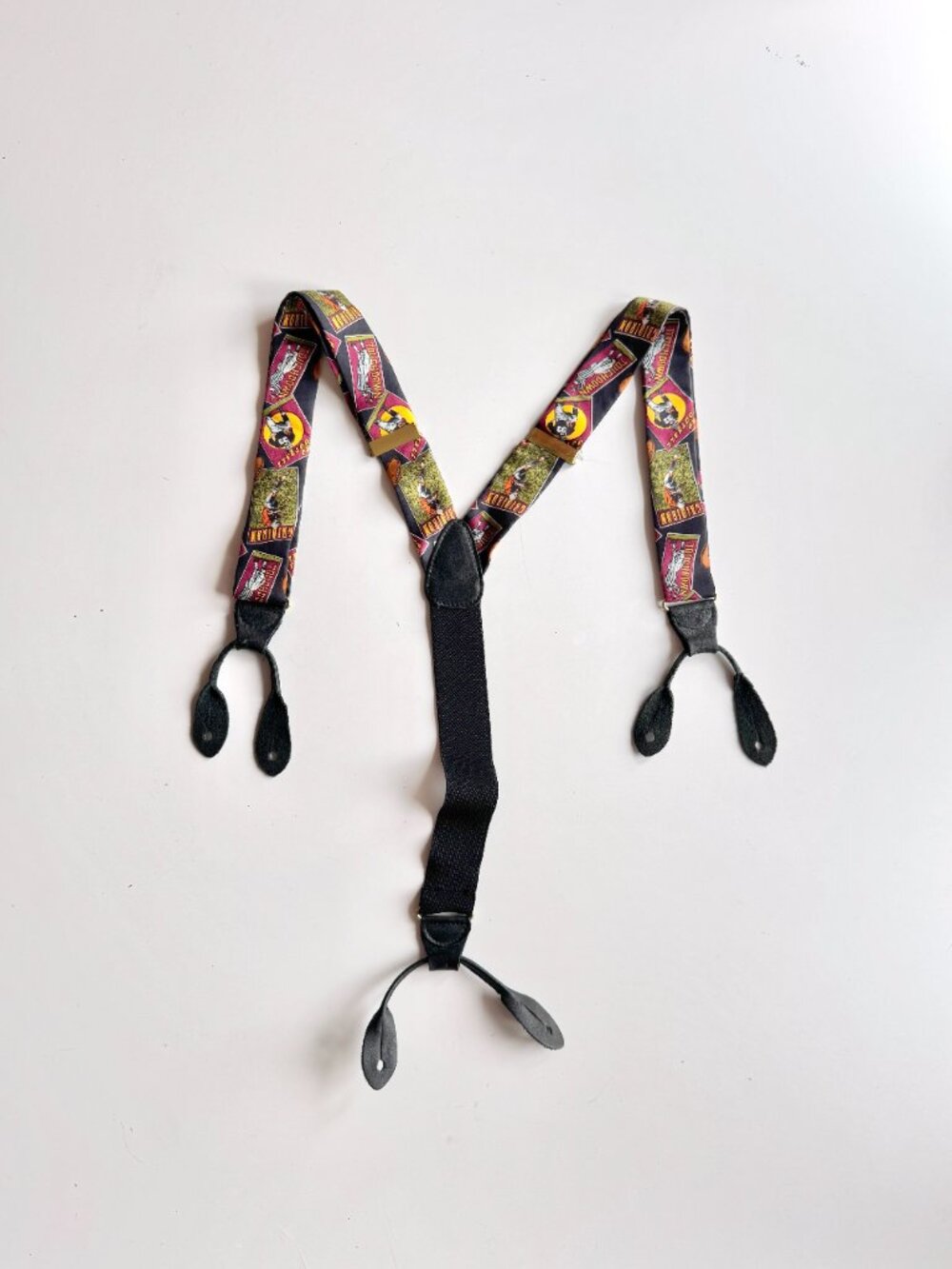 Vintage ADDICTION Football Themed Silk Adjustable Elastic Leather Suspenders